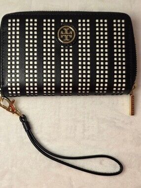 Tory Burch Continental Wristlet Wallet Black White Perforated Zip Around